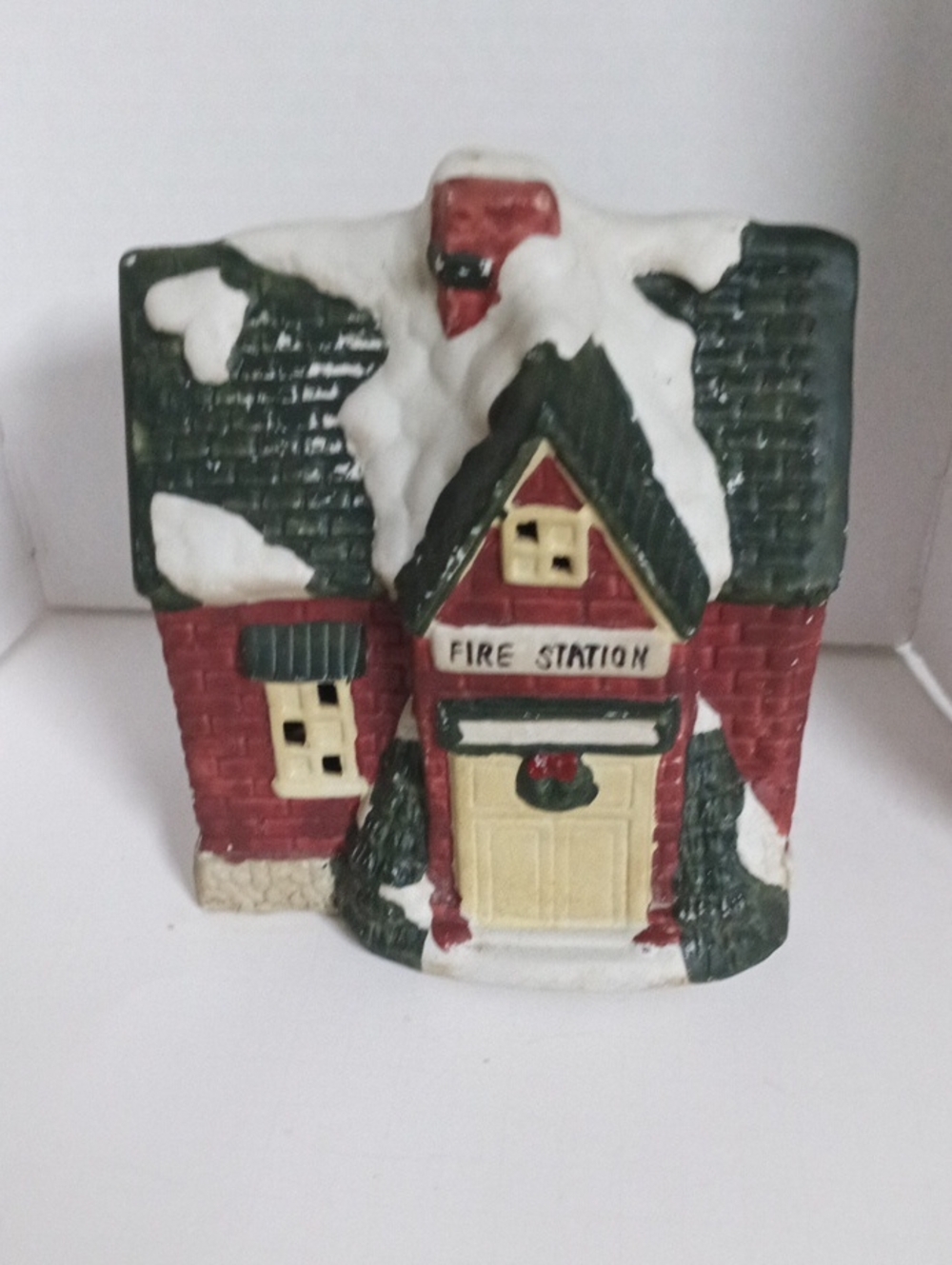 Vintage Lighted Holiday Fire Station Ceramic Figurine in Red and Green